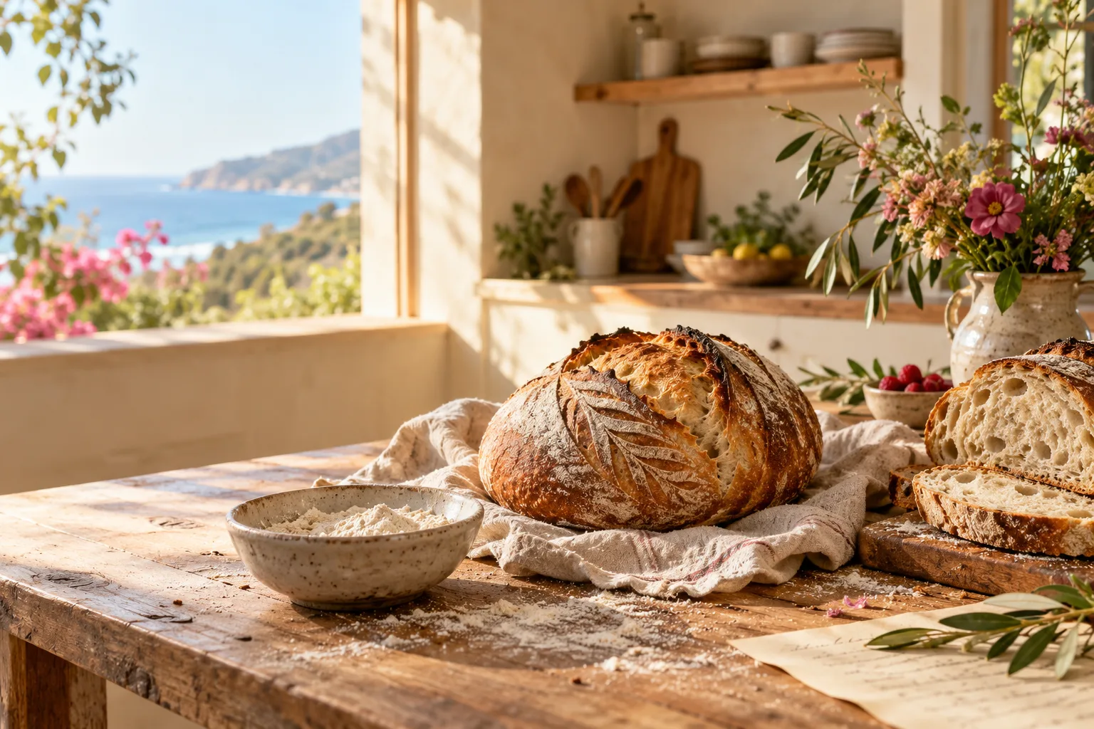 Fresh artisan sourdough cooling in a sunny Malibu home kitchen